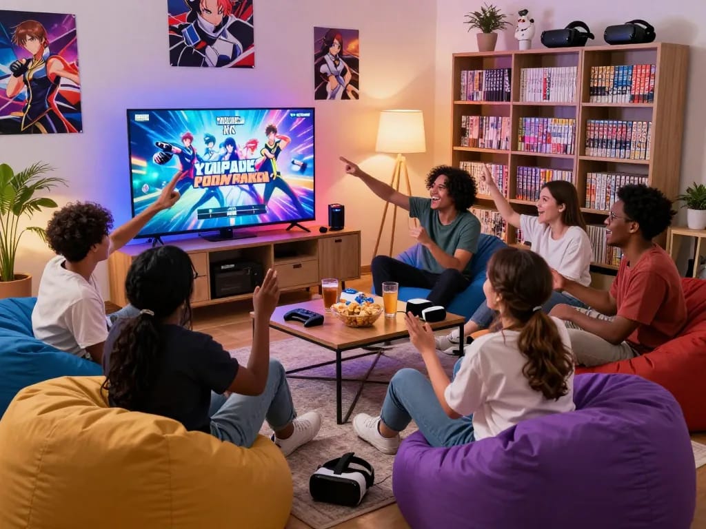 Engaging scene of friends playing an anime porn game in a cozy, vibrant living room.