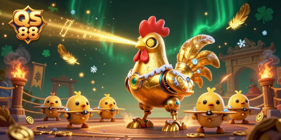 Experience the exhilarating world of QS 88 with a dynamic scene featuring a golden rooster robot and chick drones.