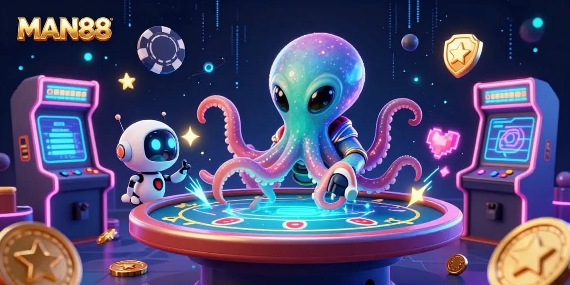 MAN88 glows as a cosmic octopus deals cards at a 3D poker table with vibrant game elements.
