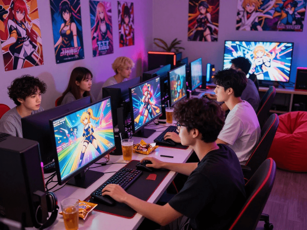 Group of friends enjoying hentai games together in colorful gaming room, vibrant anime graphics on screen, engaging atmosphere.