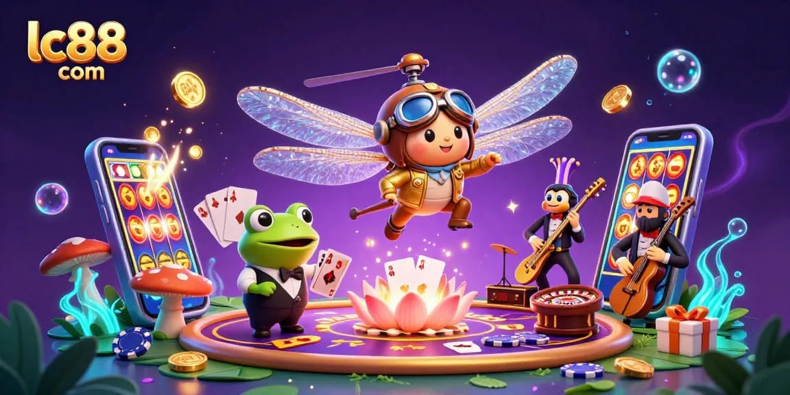 Play vibrant games at lc88 com with a dragonfly pilot, frog croupier, and vibrant casino action.
