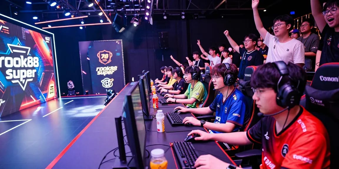 Intense gaming competition featuring rokok88 super logo amidst cheering crowd and vibrant e-sports arena.