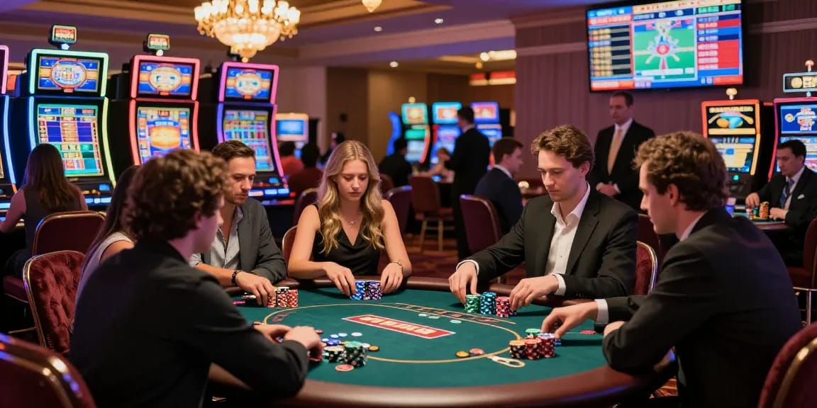 Players at a rokok88 poker table in a lively casino surrounded by colorful slot machines.