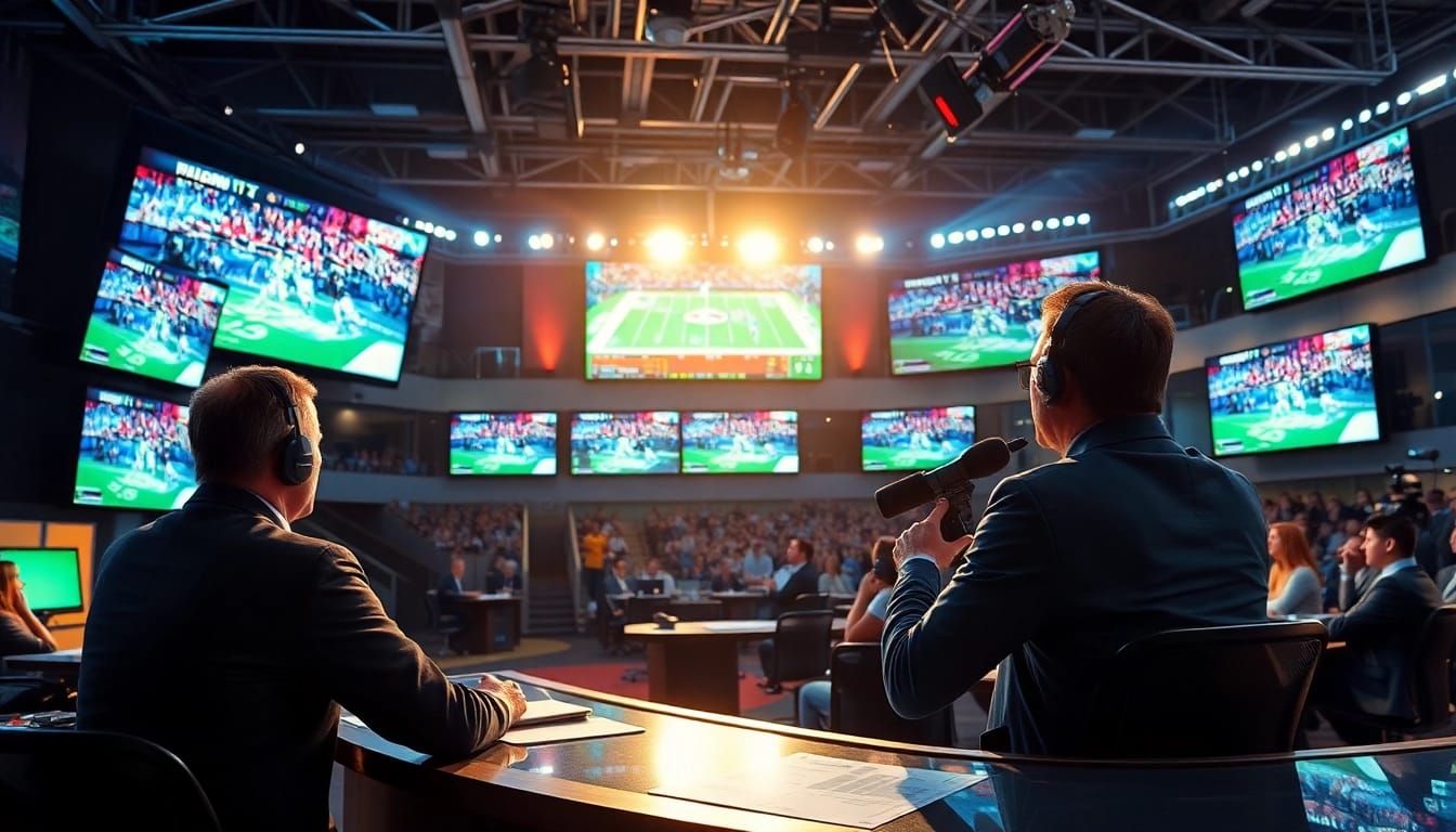 Engaging scene of sports broadcasting with a sportscaster and screens displaying live games.