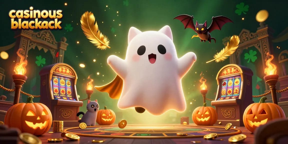 Experience casinous blackjack with a ghost cat and bat in a haunted casino filled with glowing jack-o-lanterns.