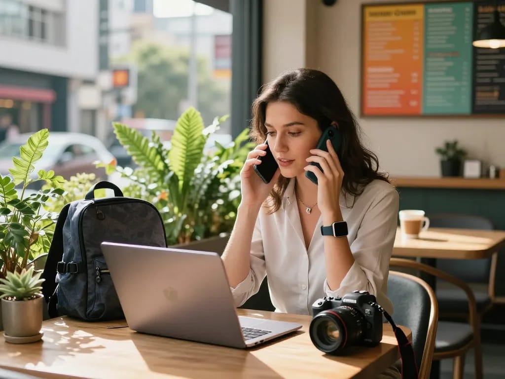 Youthful urban professional using her laptop at a café while engaging in conversation about Go 99, with tech gadgets and a vibrant atmosphere.