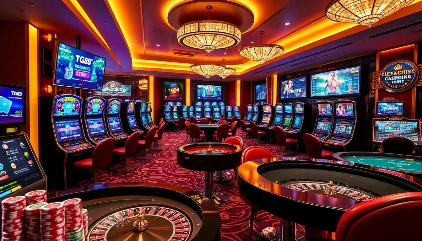 Players enjoying the luxurious TG88 gaming experience with exciting casino games and interactive screens.
