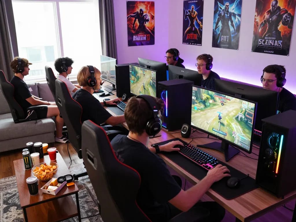 Exciting scene of gamers enjoying nohu 78 online gaming in a vibrant living room with LED lighting and high-tech equipment.