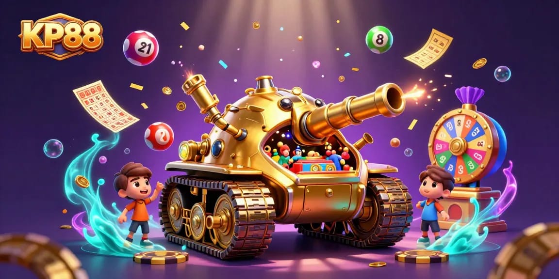 Experience the excitement with KP88, featuring a dynamic 3D casino inside a golden beetle tank.