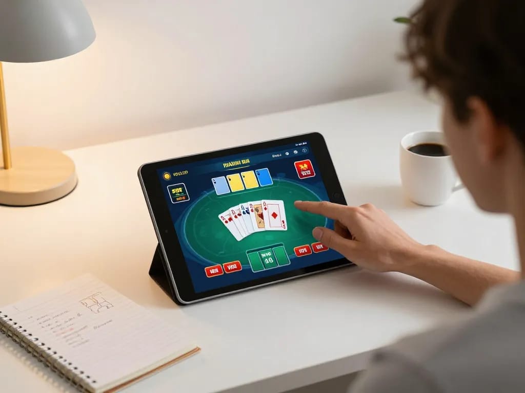 Engaging online poker game with BL555 displayed on a tablet, highlighting strategic betting action in a cozy home setting.