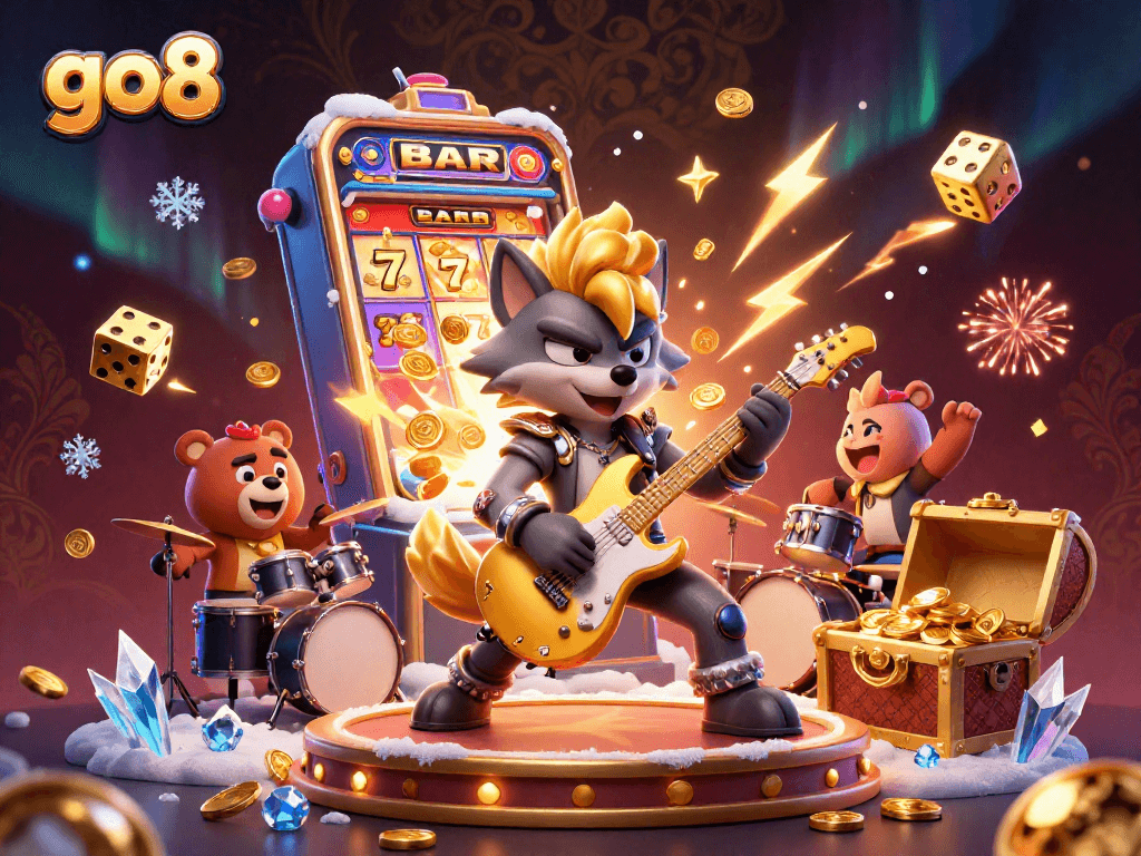Experience thrilling gameplay with go8 at the vibrant casino featuring a rock star wolf and jackpot surprise.