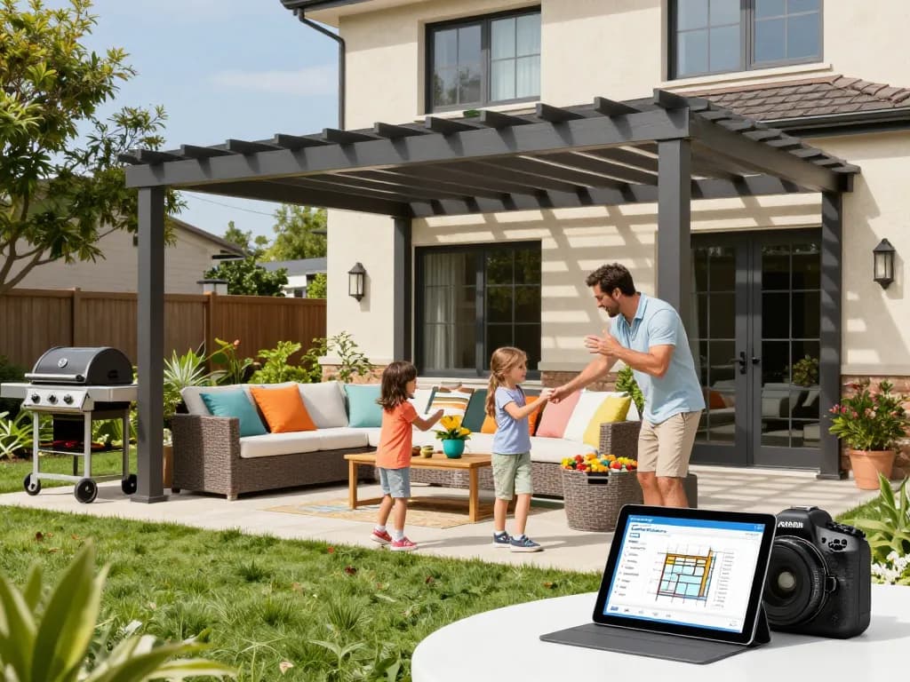 Famiglia che utilizza un configuratore pergole online in un giardino luminoso, personalizzando la pergola esterna.