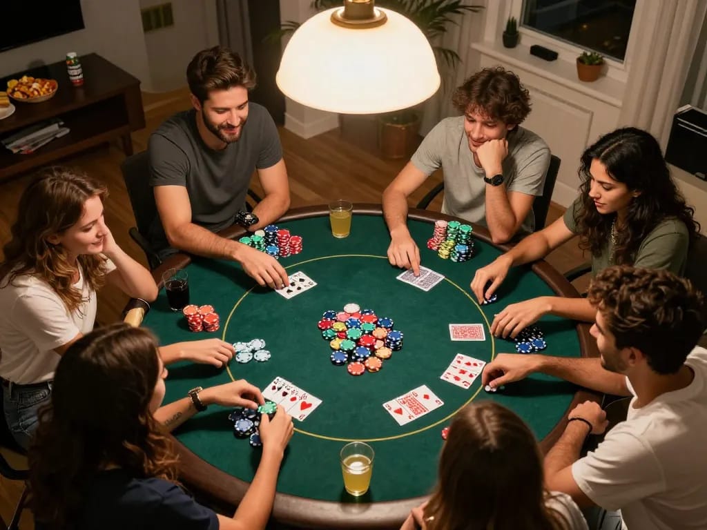 Tg888 enthusiasts playing poker at home game night, showcasing strategic gameplay and social interaction.