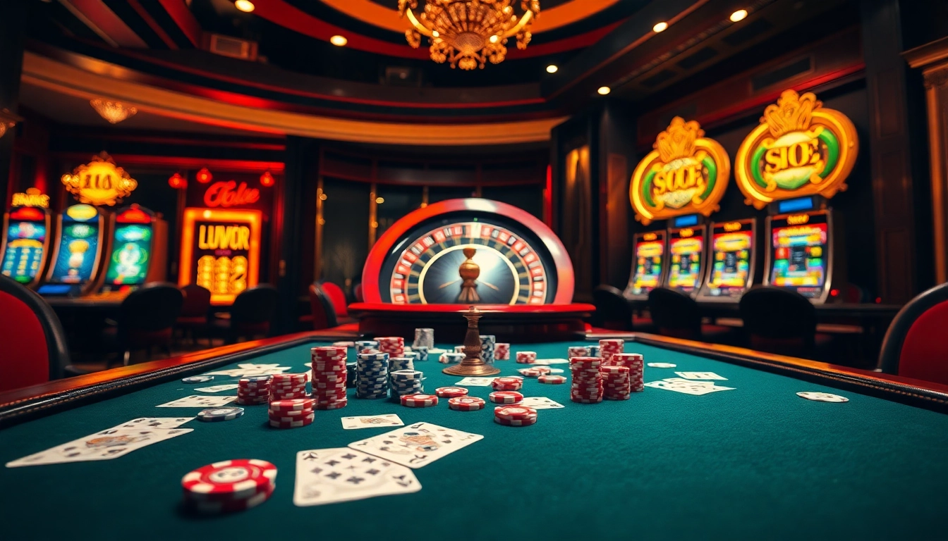 Exciting poker game and roulette wheel highlighting thrills at https://lu88n.com/ casino scene.