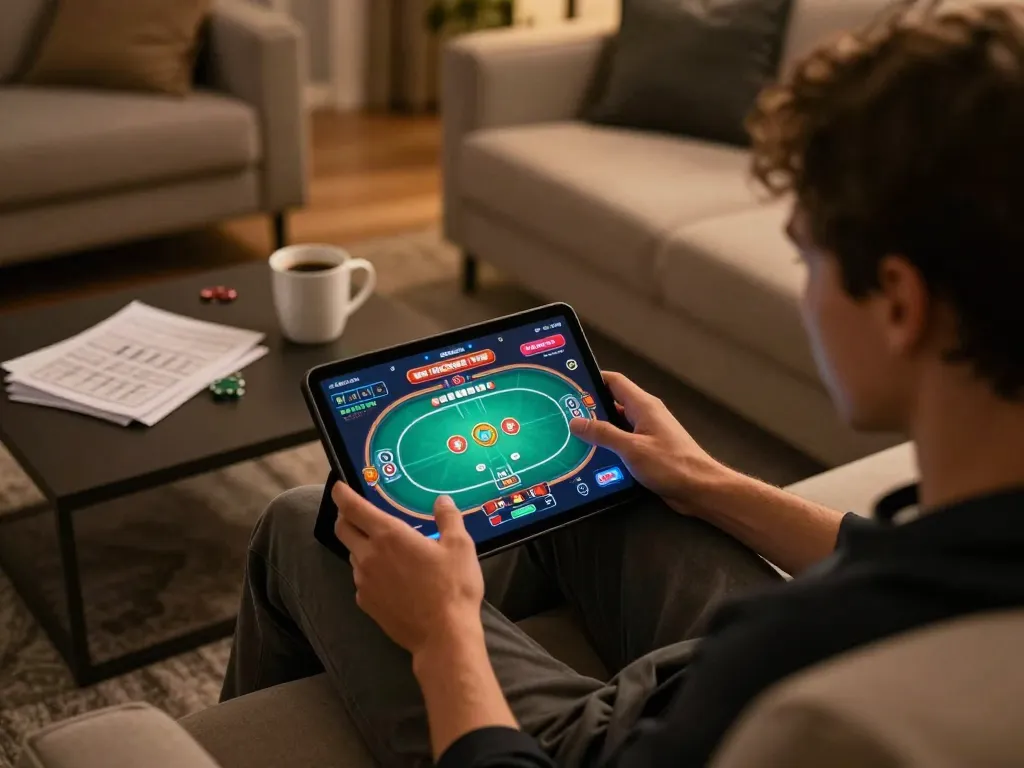Engaging with F168 poker game on a tablet at home, showcasing dynamic online gambling experience