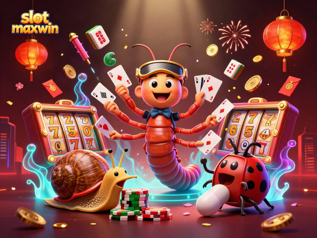 Engage with slot maxwin through a lively 3D casino scene featuring cartoon characters and dynamic game elements.