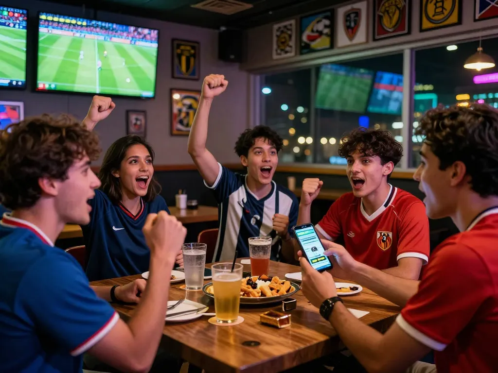 Tỷ lệ kèo displayed on a smartphone in a lively sports bar with friends enjoying a football match.