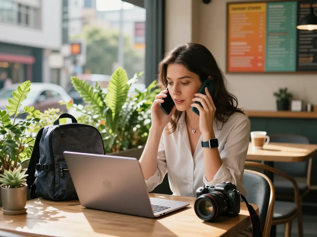 Youthful urban professional using her laptop at a café while engaging in conversation about Go 99, with tech gadgets and a vibrant atmosphere.
