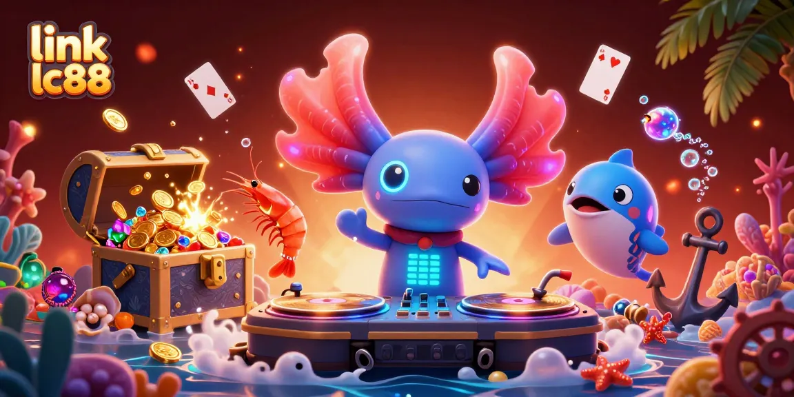 Immerse in the vibrant world of link lc88, featuring a neon axolotl DJ and underwater treasures.