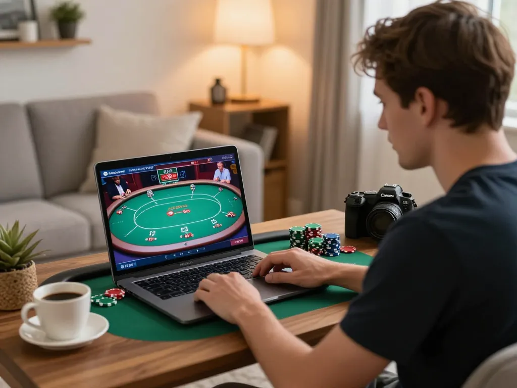 Enjoying exciting poker gameplay with dn88 in a cozy home environment, laptop lit by bright screen.