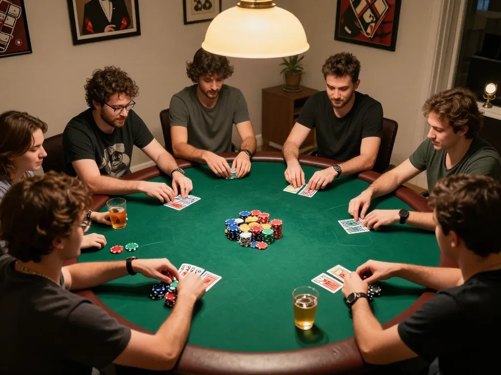 Daga players strategizing in a home poker game setting, capturing moments of intense gameplay and camaraderie.