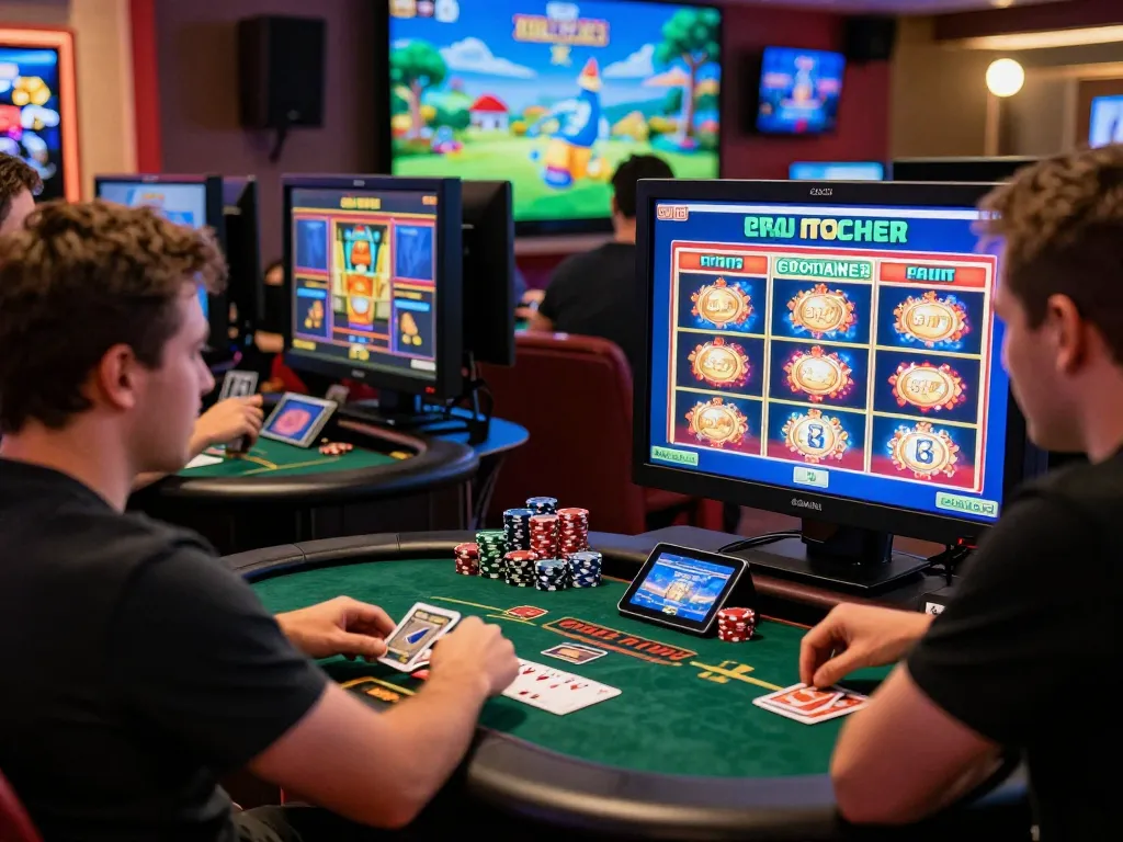 Engaged players at https://bomwin.jp.net/ in vibrant online gaming atmosphere with casino visuals.