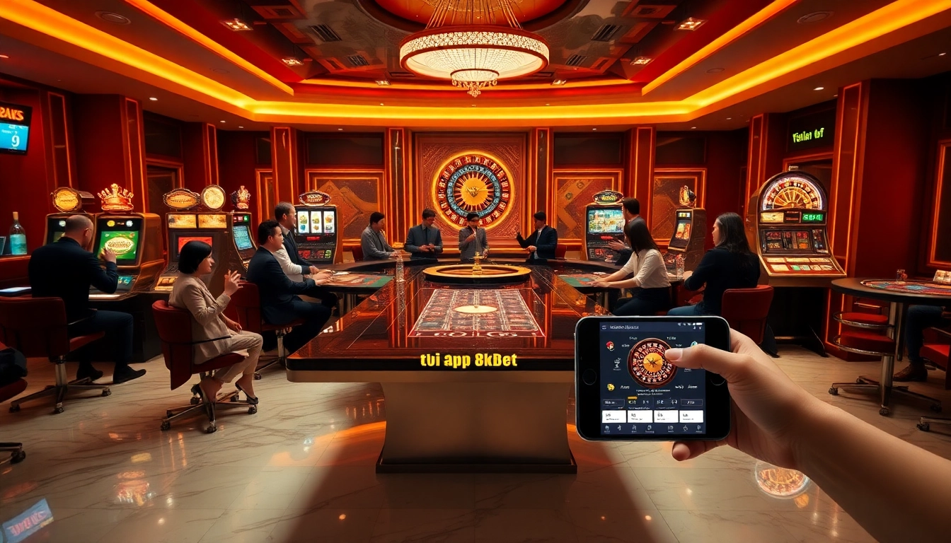 Experience the thrill of tải app 8kbet through luxury casino visuals featuring games and mobile interfaces.