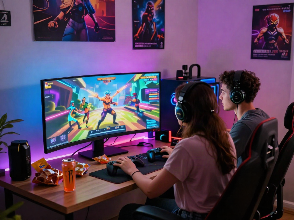 Couple enjoying porn games together in a vibrant gaming setup with LED lights.