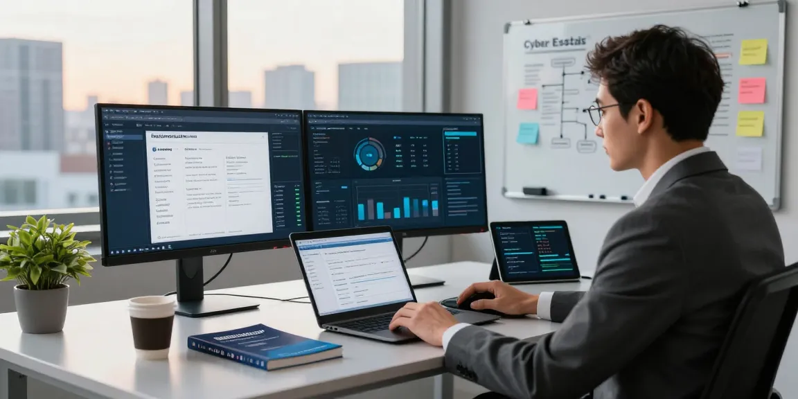 Cybersecurity specialist managing compliance metrics in a professional workspace, embracing a cybersmart approach.