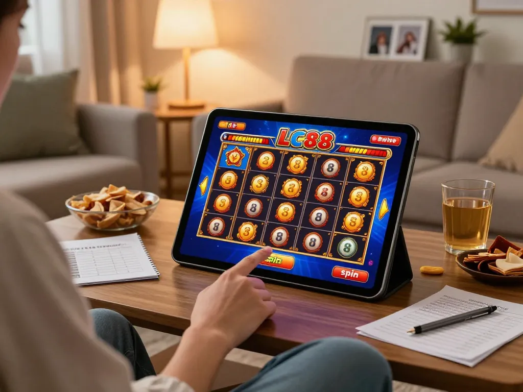 Engaging with LC88 online slots on a tablet in a cozy home, embodying responsible gambling.