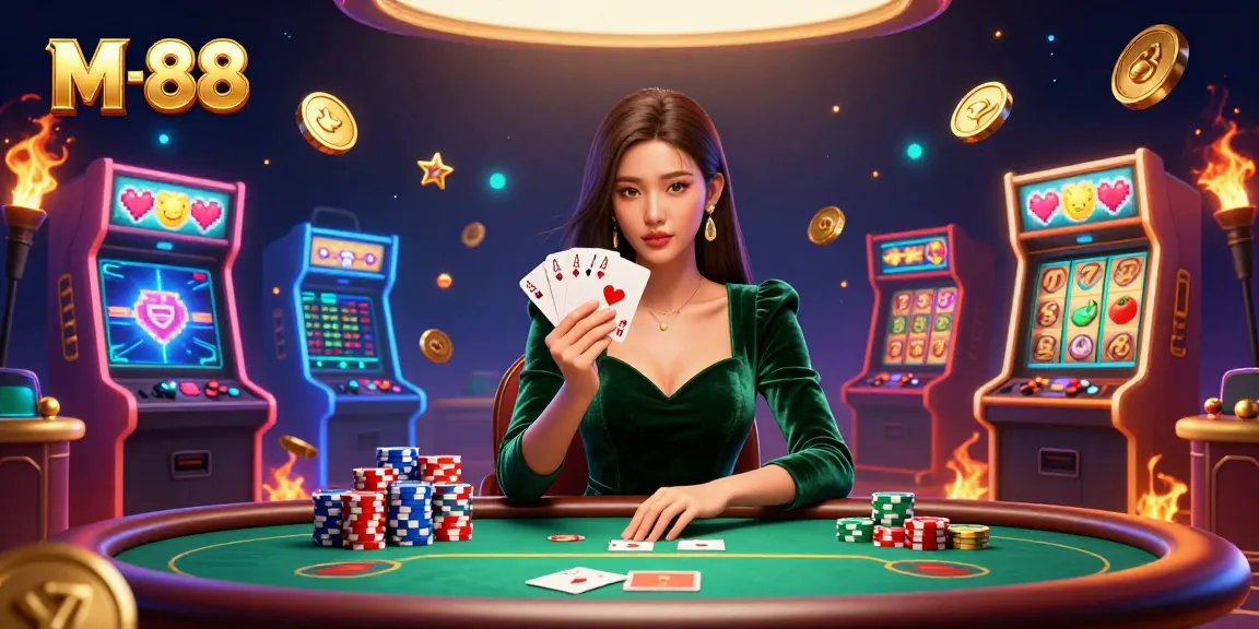 Enhance your gaming experience at M 88 with a stunning poker scene featuring a skilled player and vibrant casino elements.