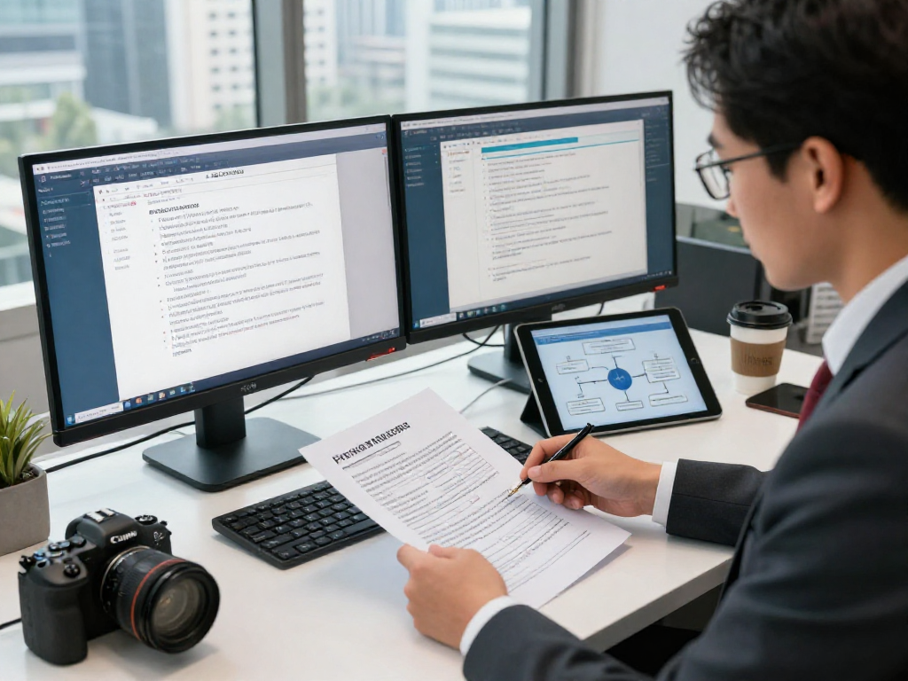 Compliance officer performing document fraud detection analysis in a modern office environment.