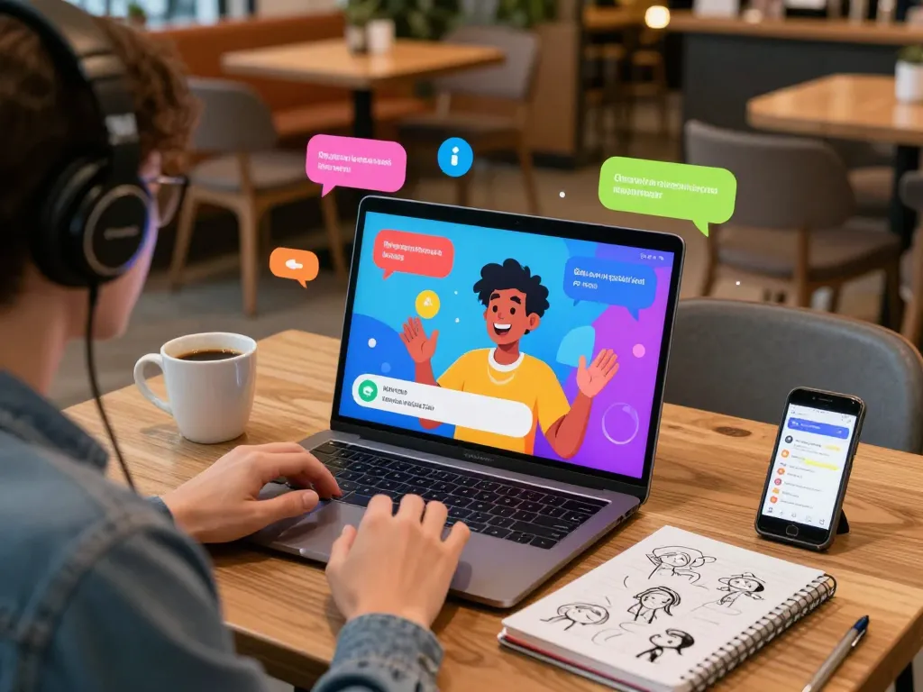 Engaging chat using a crush on AI in a vibrant café setting with creative elements.