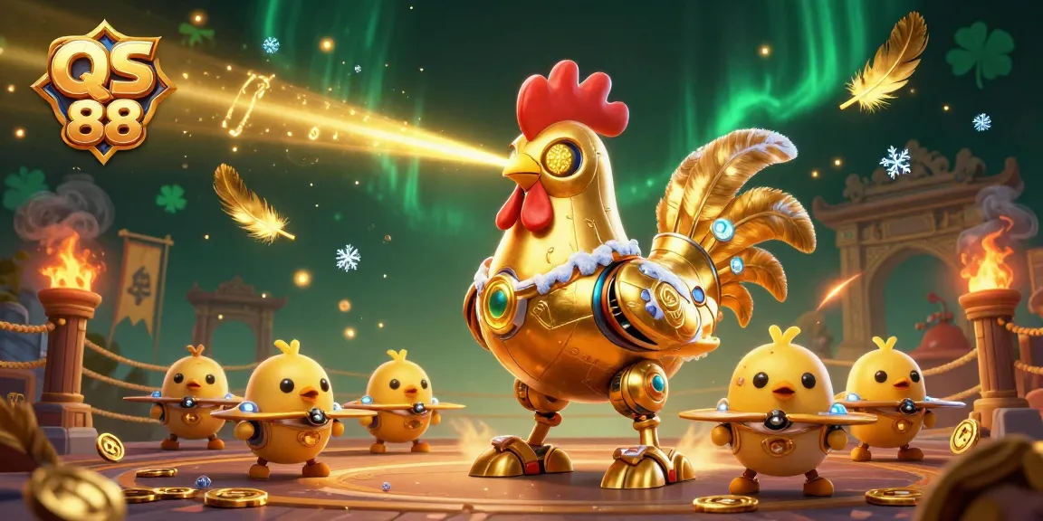 Experience the exhilarating world of QS 88 with a dynamic scene featuring a golden rooster robot and chick drones.