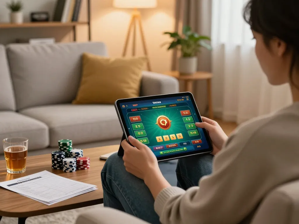 Engaging in tài xỉu online uy tín from a cozy home setup, showcasing strategic gameplay on a tablet.
