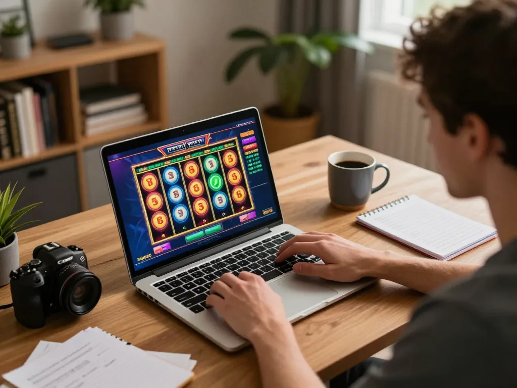 Engaged player on trang chủ lc88 enjoying online gaming with strategy notes in cozy home office.