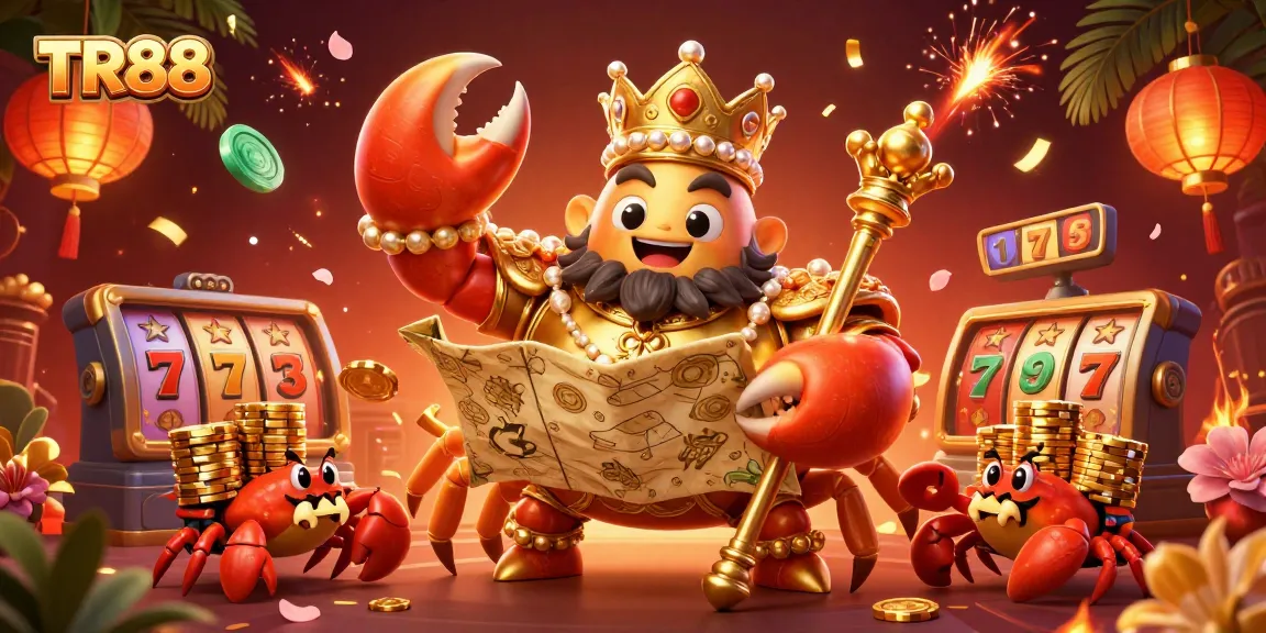 Engage in thrilling jackpots with TR88's vibrant 3D casino scene featuring a golden crab emperor and festive elements.