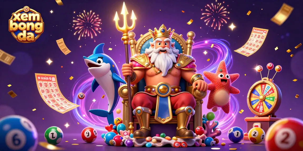 Xem bong da with a vibrant, winning atmosphere including colorful lottery elements and a majestic sea king.
