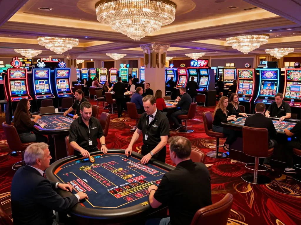 Experience thrilling gameplay at Bsport's upscale Las Vegas casino, featuring roulette tables and vibrant slot machines.