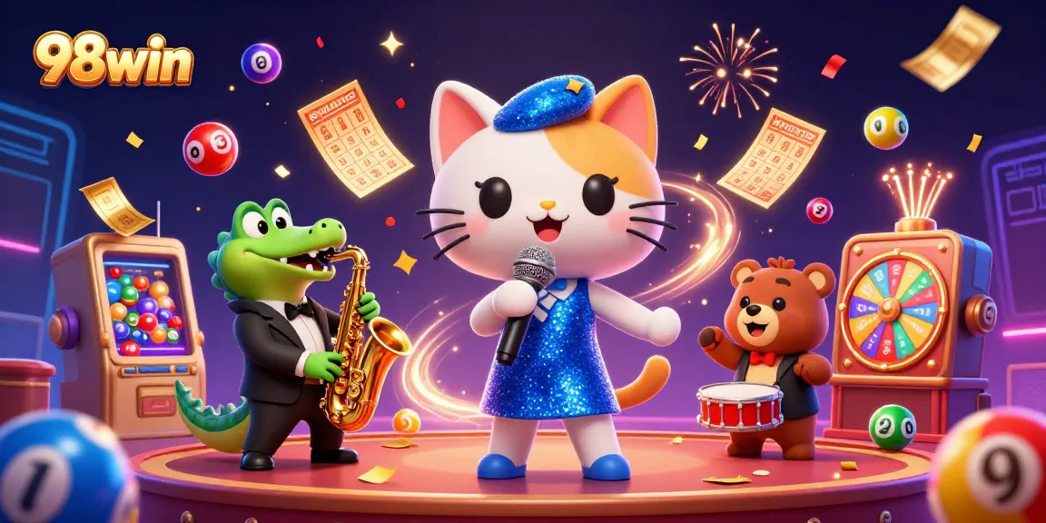 Experience exciting gameplay at 98win with vibrant characters, colorful lottery balls, and celebratory elements energizing the casino atmosphere.
