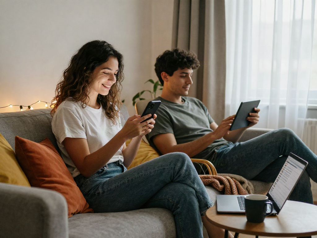 Couple enjoying sexting ai conversations in a cozy living room.