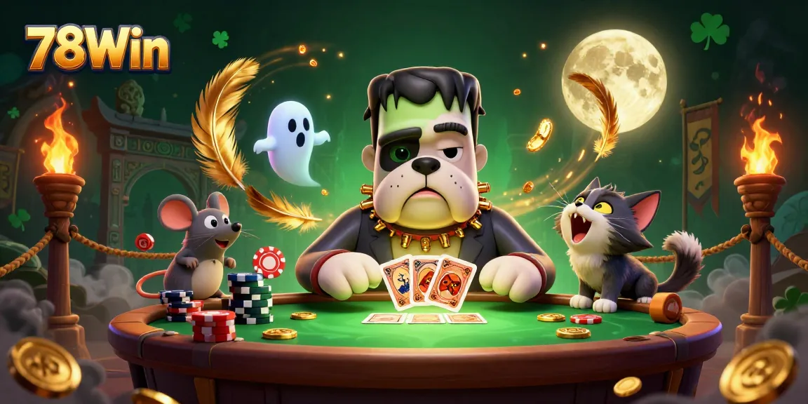 Play poker energetically with the 78Win bulldog monster amidst a thrilling casino atmosphere.