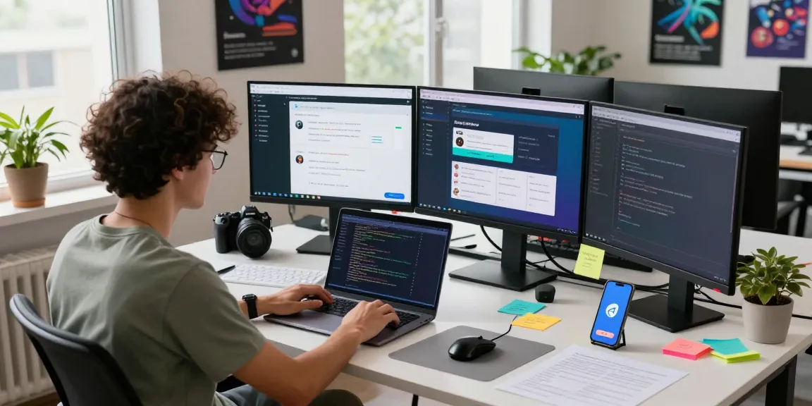 Experience seamless Telegram Download in a modern tech workspace with active user interfaces and coding.
