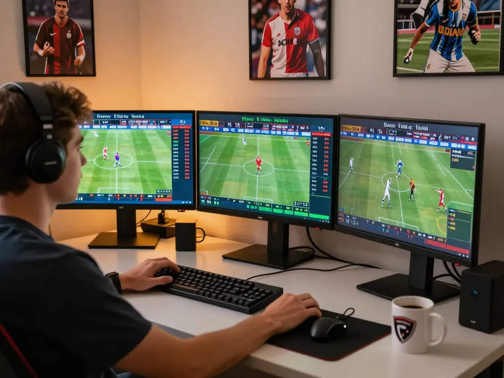 Engaged bettor analyzing live sports events on multiple screens for go88vn sports betting.