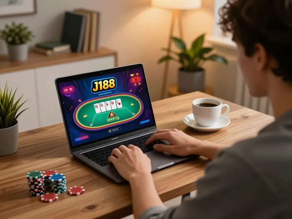 Player engaging in poker at j188 online casino in a cozy home setting, showcasing strategy and entertainment.
