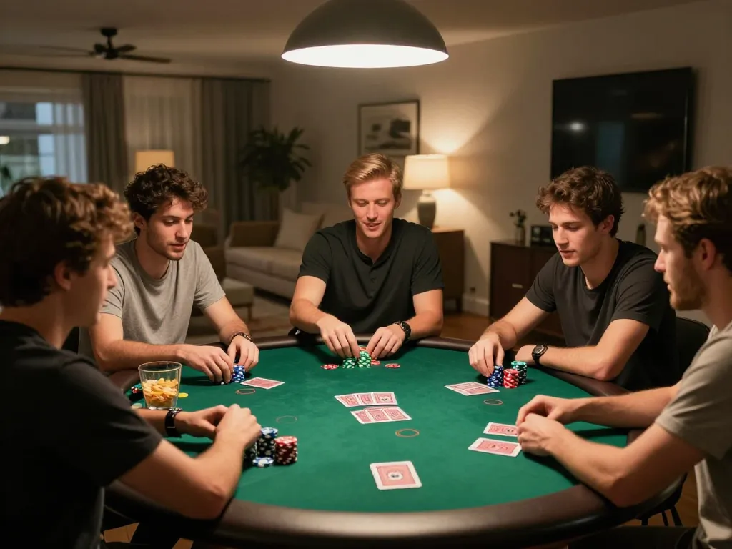 Friends enjoy poker night at home, illustrating F8BET's vibrant social gambling experience.