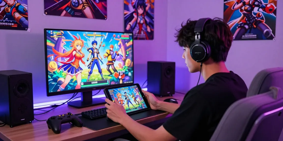 Player enjoying a hentai game on a tablet in a vibrant gaming room with character designs and LED lights.
