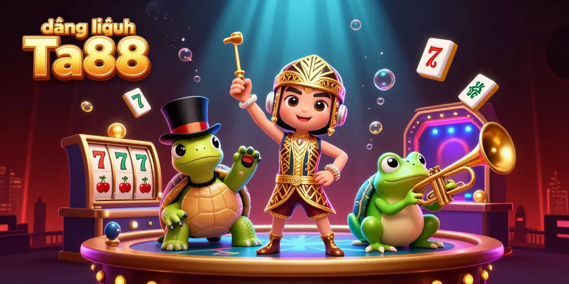 Engage in vibrant gaming action with đăng nhập Ta88 at a lively casino scene featuring a cartoon crane, turtle, and frog.