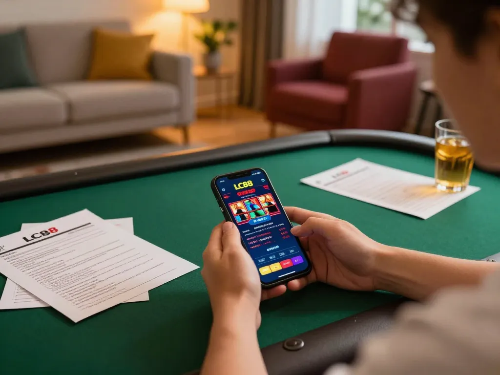 Engaging with the LC88 app on smartphone while enjoying a cozy home gaming night