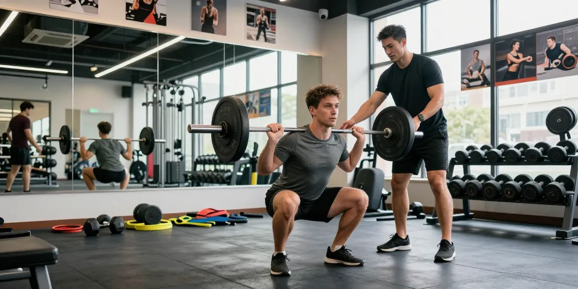Steroide Boutique fitness scene showcasing a dedicated athlete performing a barbell squat in a vibrant gym environment.